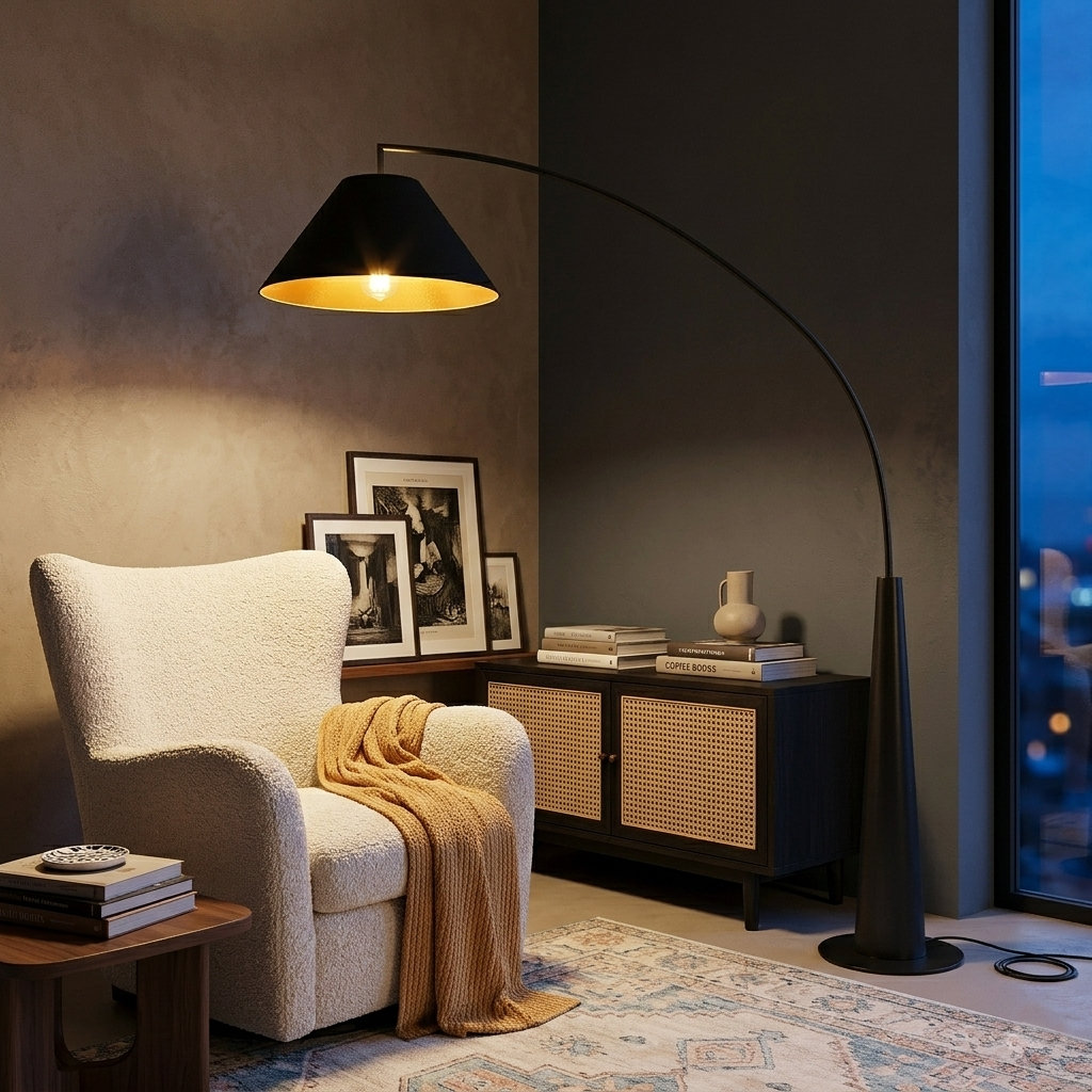 ML8011 LAMPADAIRE COURBE AVEC ABAT-JOUR CONIQUE 