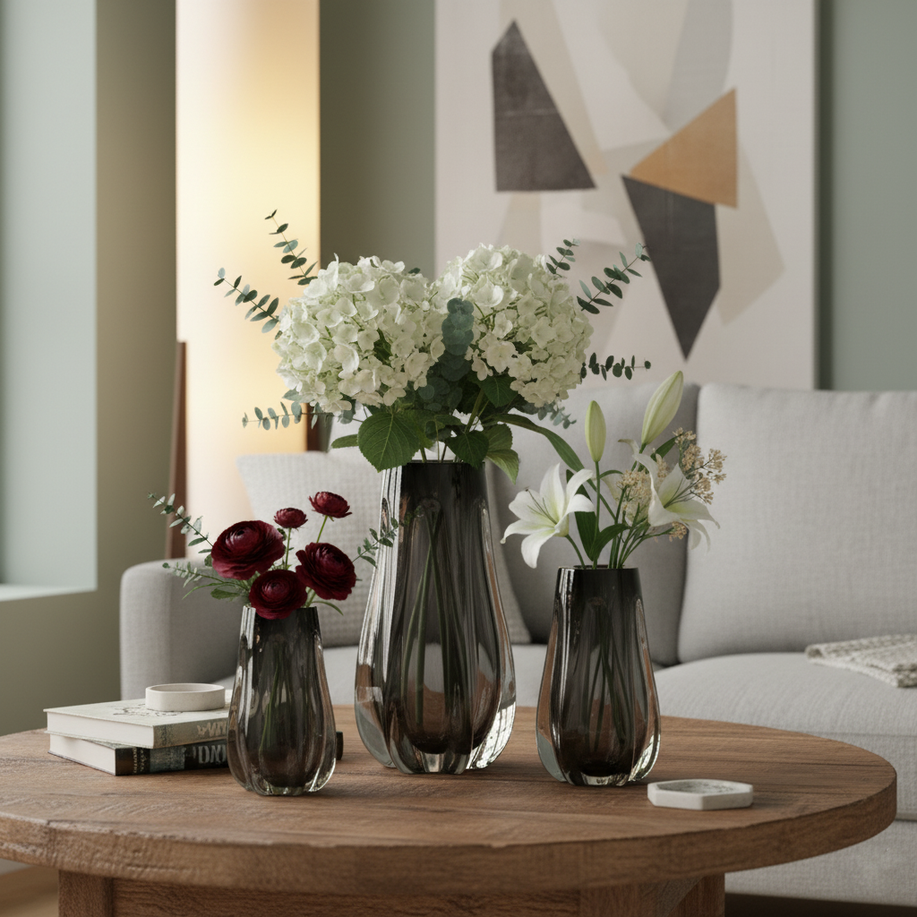 DC. BX127 LOT DE 3 VASE EN VERRE NOIR FUME