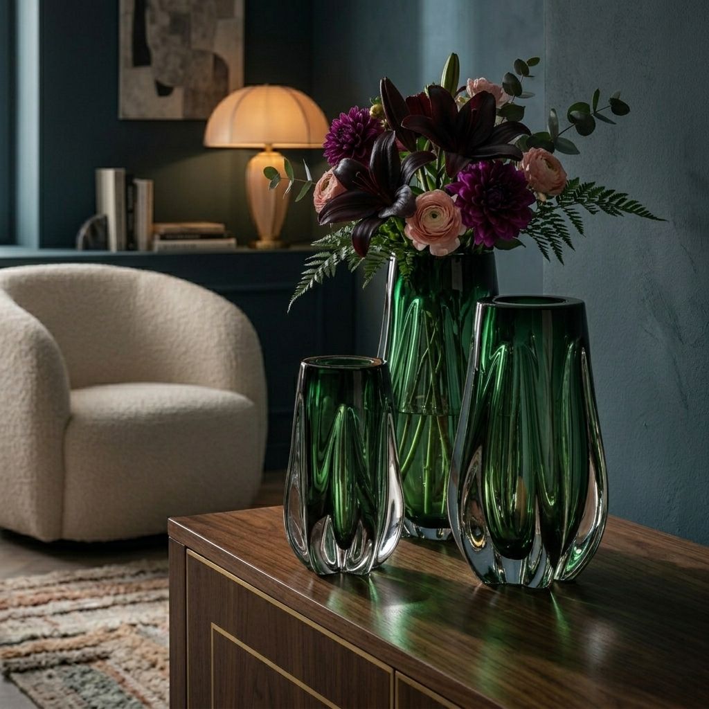 DC. BX126 LOT DE 3 VASE EN VERRE VERT FUME