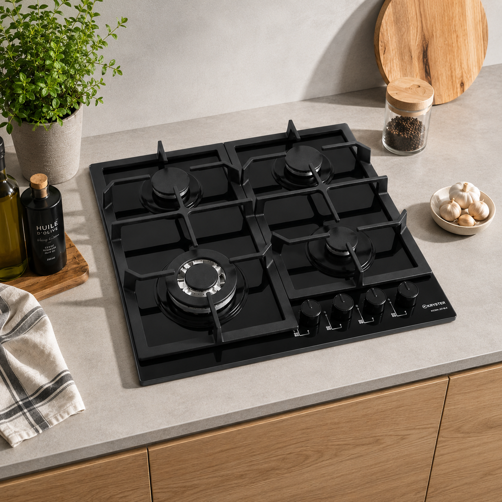 EL. PLAQUE DE CUISSON 60CM 03 FEUX A GAZ + WOK 3,3Kw - BLACK GLASS KHOB6L3GT-BG KRYSTER