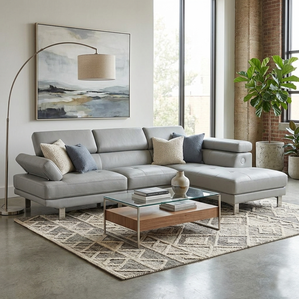 MB. ARK-KANSAS RHF 2S+CHAISE RHF LEATHER AIR 830-04 MIST GREY + USB PORT 2S 183X85X85C RIVIERA