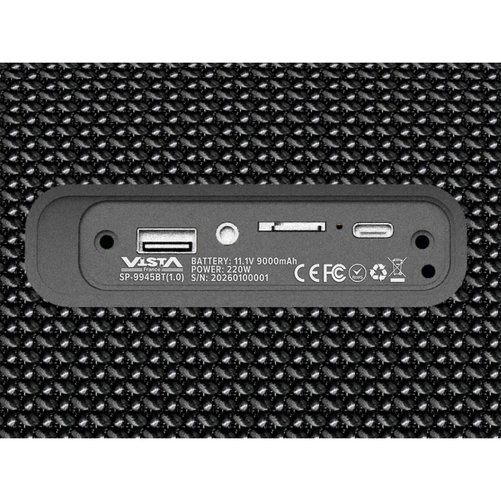 SP9945BT ENCEINTE PORTABLE 2x5''+2SUBWOOFERS +2TWEETERS -RECHARGEABLE -BLUETOOTH -USB -SD -AUX -FM -TWS -1MICRO -220W -22000W PMPO (02PCS) VISTA FRANCE