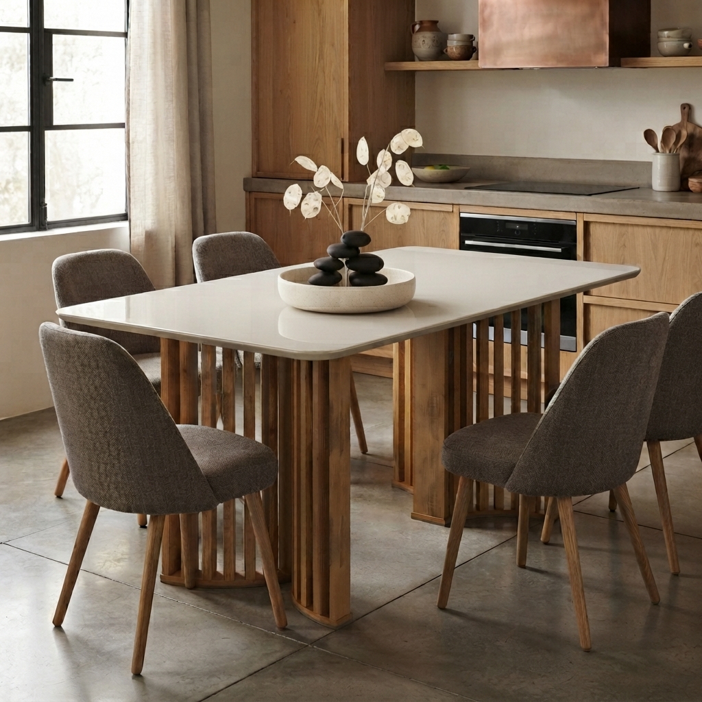 MB. LUMA DINING TABLE CURVED BEVELED TOP WITH GLASS 1700X900X30mm - TOP CEDAR/OFF WHITE 36184254 DJ MOVEIS