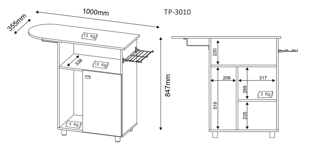 MB. TP3010 0001 IRONING BOARD WITH 01 DOOR WHITE TECNOMOBILI 