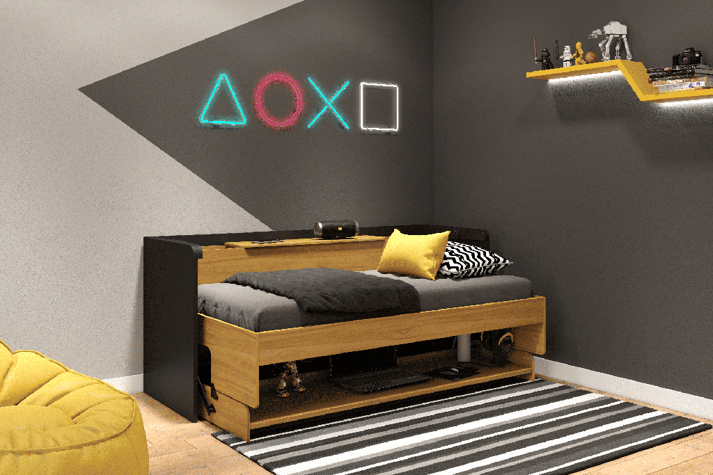 MB. FHSO-188 FIRST - LIT SIMPLE / BUREAU AVEC COFFRE, PRISE DE LECTURE ET PORTS USB-C AVEC VERROUILLAGE DE SÉCURITÉ, BASE DE LIT RÉVERSIBLE DE COULEUR POUVANT ÊTRE UTILISÉE COMME TABLEAU PRIMAVERA 