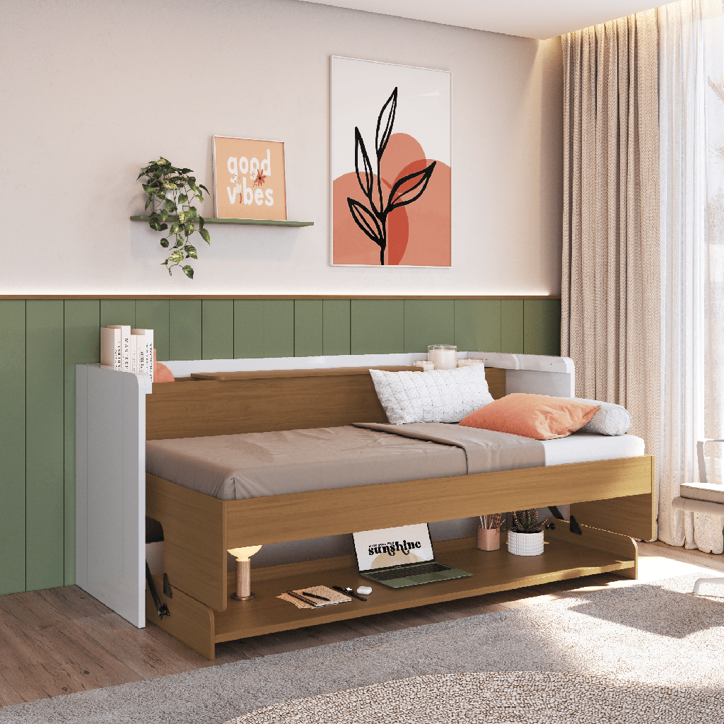 MB. FHSO-388 FIRST - LIT SIMPLE / BUREAU AVEC COFFRE, PRISE DE LECTURE ET PORTS USB-C AVEC VERROUILLAGE DE SÉCURITÉ, BASE DE LIT RÉVERSIBLE DE COULEUR POUVANT ÊTRE UTILISÉE COMME TABLEAU PRIMAVERA 