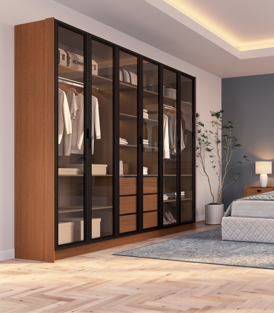 MB. VEN16-163 VENEZA - ARMOIRE À 6 PORTES AVEC 6 PORTES EN VERRE FUMÉ ET 3 TIROIRS (SANS MIROIR NI PIEDS) PRIMAVERA 