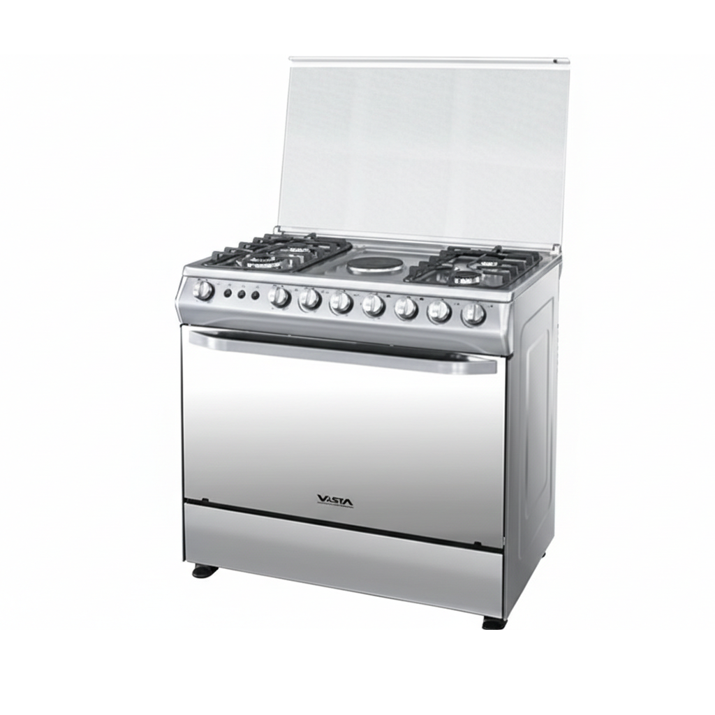 CUISINIERE A GAZ 4F+1 ELECTRIQUE- 90X60- FOUR A GAZ 120L- ROTISSERIE-LAMPE-INOX VISTA. VGEF5024XGRL