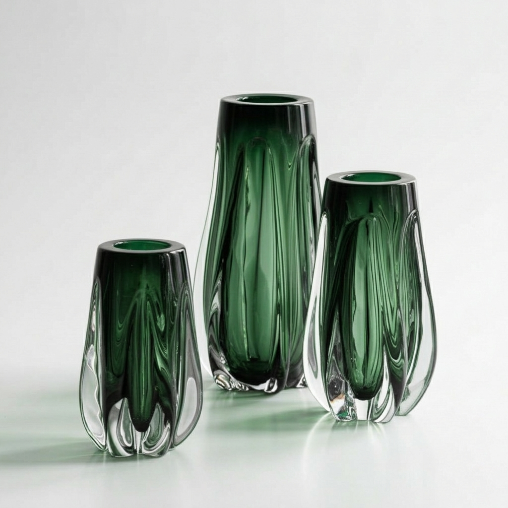 BX126 LOT DE 3 VASE EN VERRE VERT FUME