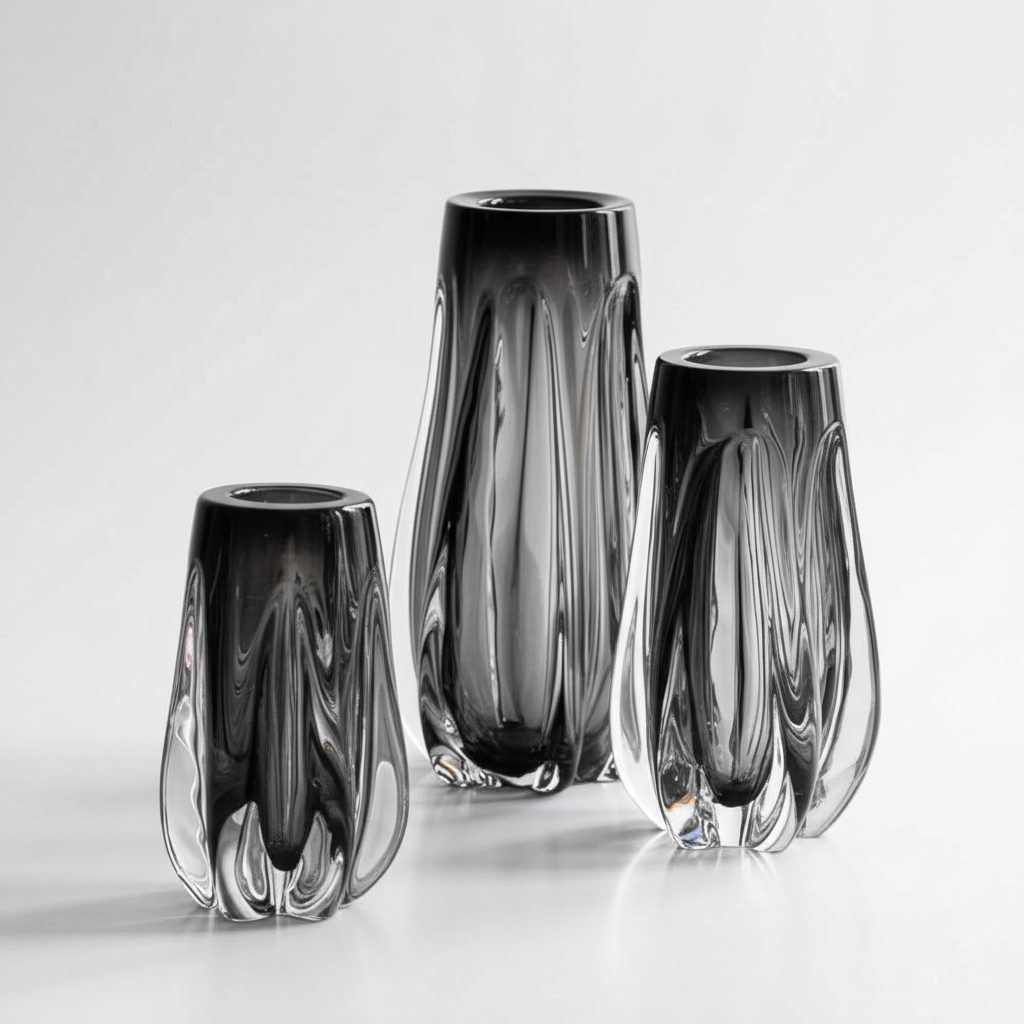 DC. BX127 LOT DE 3 VASE EN VERRE NOIR FUME