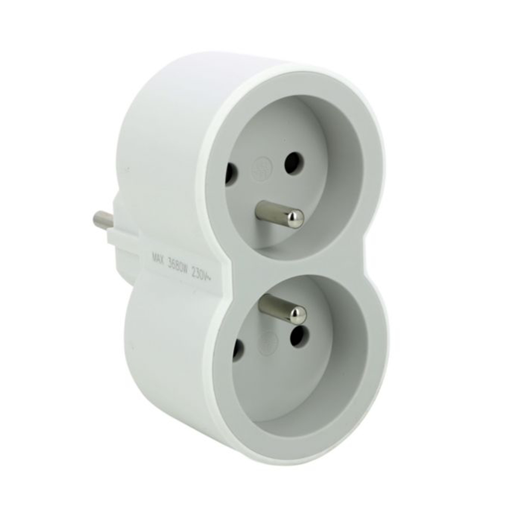 EL. 049431 FICHE BIPLITE AVEC 2 PRISES 2P+T FRONTALES 26A 3680W BLC GRIS CLAIR