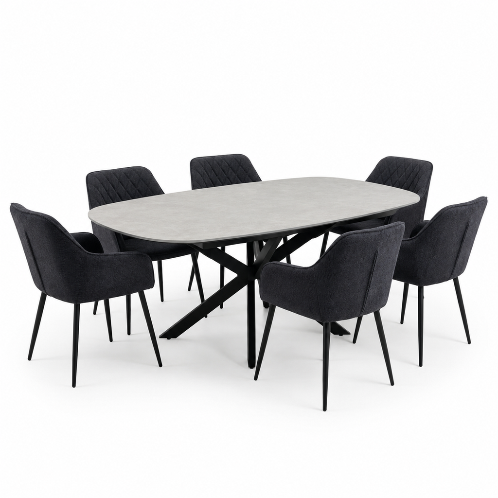 MB. ARKT23031+6 PCS ARKC24072-16 DINING TABLE Melamine top S-19, Matt black powder coated legs. 1800x90 & SET 6 CHAIRS Back and seat covered by 355A-16, With small (ARK-DC7094) 1370*730*120