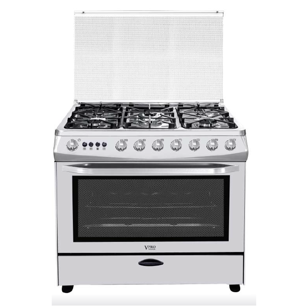 VPCAG9650IX CUISINIERE A GAZ 05 FEUX - FOUR A GAZ 125L - SECURITE THERMOCOUPLE - ALLUMAGE PAR IMPULSION ELECTRIQUE - CONVECTION/GRILL/ROTISSOIRE/ECLAIRAGE - INOX VPRO FRANCH