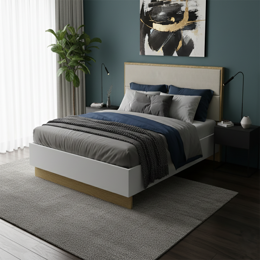 MB. SUN156CE SUNRISE - ENSEMBLE CHAMBRE À COUCHER KING SIZE POUR MATELAS 180X200 (NON INCLUS) + COMMODE AVEC 3 TIROIRS, 1 PORTE ET MIROIR + 2 TABLES DE CHEVET PRIMAVERA 