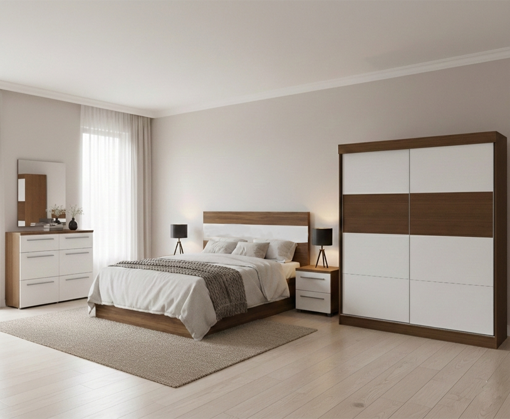 MB. DUB16999E BELFAST - ENSEMBLE CHAMBRE À COUCHER KING SIZE POUR MATELAS 180X200 (NON INCLUS) + COMMODE À 6 TIROIRS AVEC MIROIR + 2 TABLES DE CHEVET PRIMAVERA 