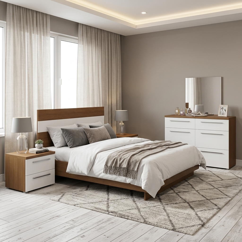 MB. DUB16999E BELFAST - ENSEMBLE CHAMBRE À COUCHER KING SIZE POUR MATELAS 180X200 (NON INCLUS) + COMMODE À 6 TIROIRS AVEC MIROIR + 2 TABLES DE CHEVET PRIMAVERA 