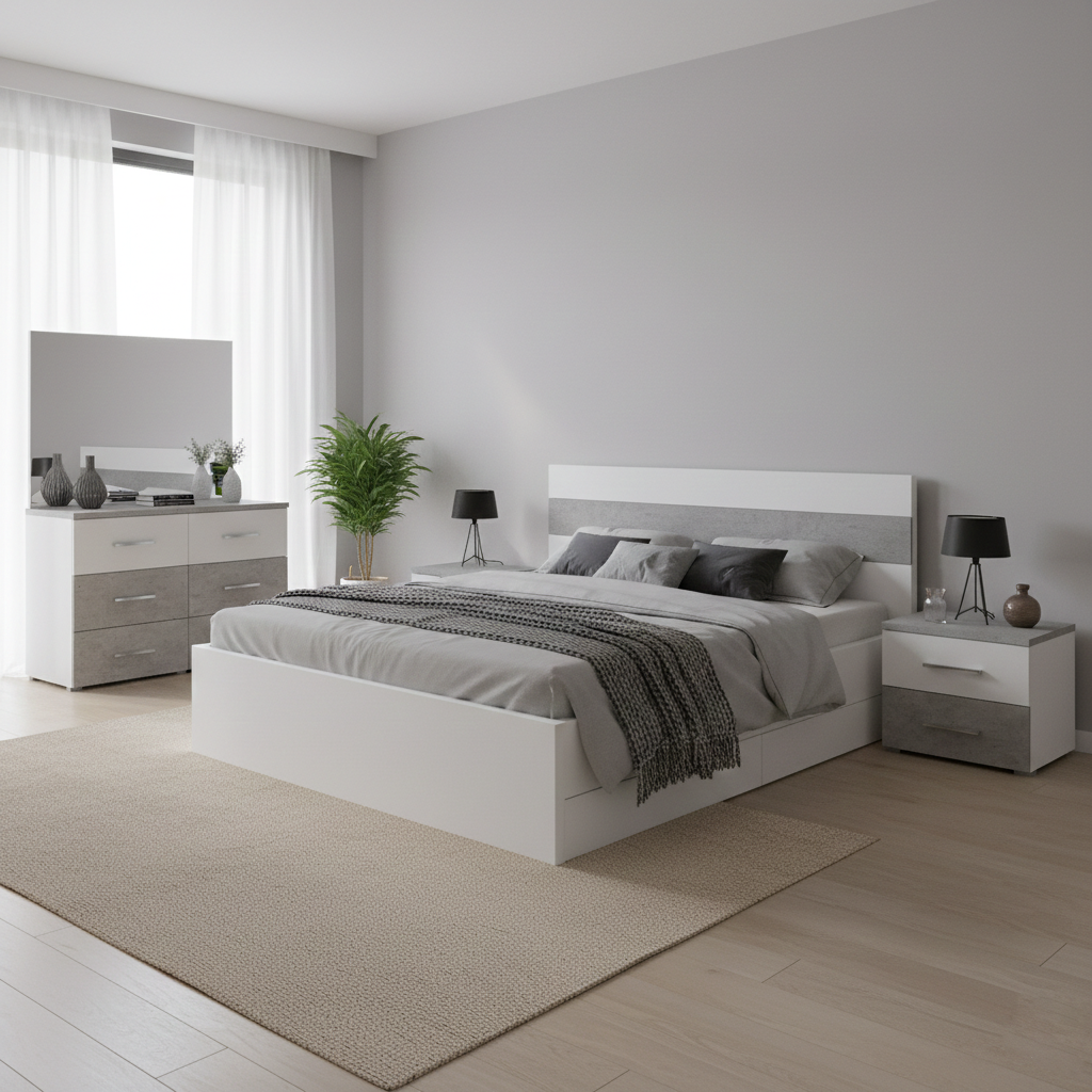MB. VEN2999 HENRY - ENSEMBLE CHAMBRE À COUCHER KING SIZE POUR MATELAS 180X200 (NON INCLUS) + COMMODE À 6 TIROIRS AVEC MIROIR + TABLES DE CHEVET PRIMAVERA (7COLIS)