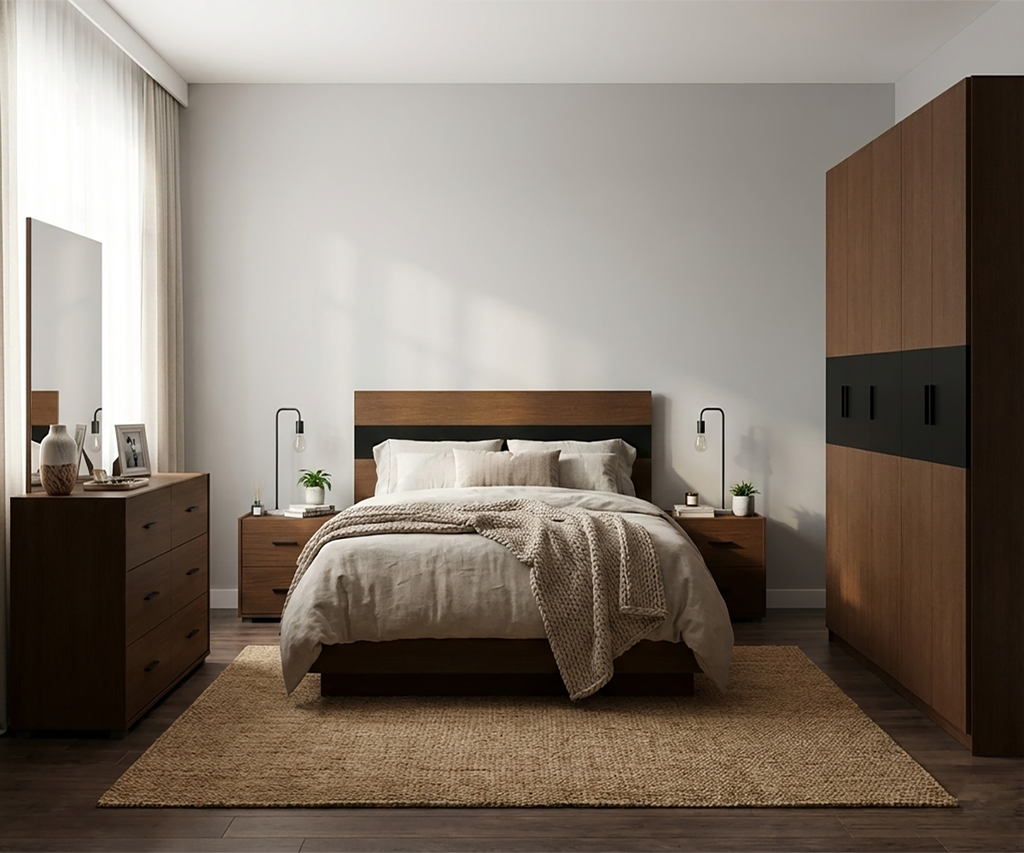 MB. ROM1999E ROME - ENSEMBLE CHAMBRE À COUCHER KING SIZE POUR MATELAS 180X200 (NON INCLUS) + COMMODE À 6 TIROIRS AVEC MIROIR + 2 TABLES DE CHEVET PRIMAVERA 