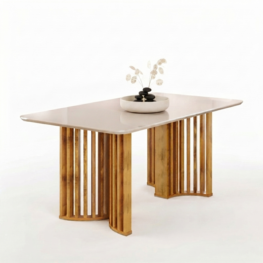 MB. LUMA DINING TABLE CURVED BEVELED TOP WITH GLASS 1700X900X30mm - TOP CEDAR/OFF WHITE 36184254 DJ MOVEIS
