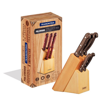 [21199/983] VR. 21199/983 Set de 5 Couteaux avec support (1 couteau à légumes, 1 couteau à steak, 1 couteau à pain, 1 couteau à viande et 1 couteau utilitaire) avec manche en bois Polywood 21199/983 TRAMONTINA