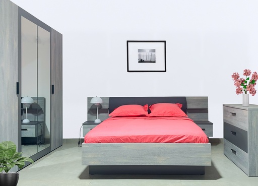 [LEONARD] COMMODE 3 TIRROIRS + LIT 140X190CM + CHEVET-ARMOIRE 2PORTES COULISSANTES. LEONARD 140 EUROP