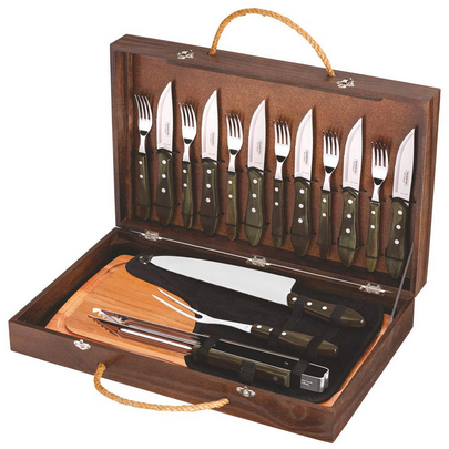 [21198/966] VR. Boîte de 16 ustensiles pour barbecue (1 planche a découper, 6 Couteaux à steak, 6 Fourchettes, 1 Pince à barbecue, 1 Fourchette à découper et 1 Couteau à viande) 21198/966 TRAMONTINA