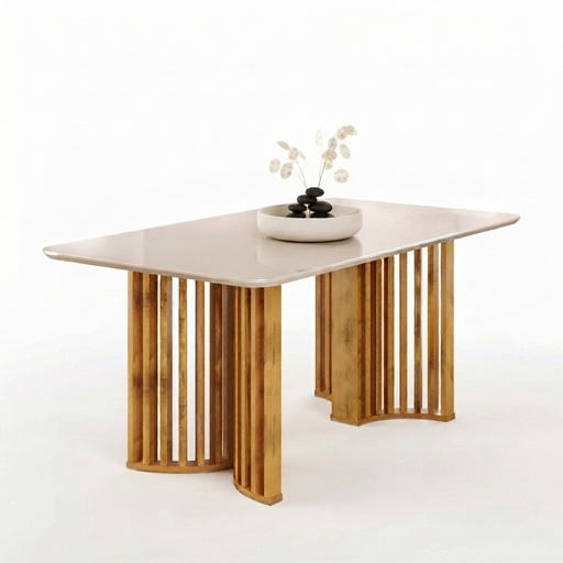 [36184254] MB. LUMA DINING TABLE CURVED BEVELED TOP WITH GLASS 1700X900X30mm - TOP CEDAR/OFF WHITE 36184254 DJ MOVIES